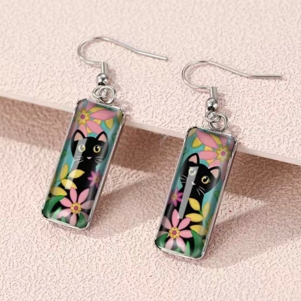 Cat and flower drop earrings